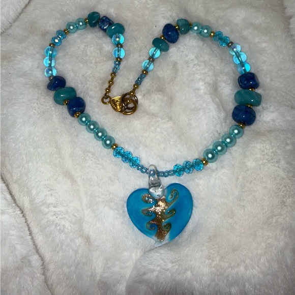 Blue Glass Beads Stones Heart Pendant Necklace - Picture 6 of 7